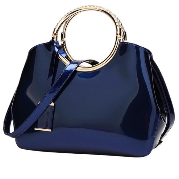 New Navy Patent Crossbody Double Gold Ring Handle Studded Women Handbag Purse - Picture 1 of 10